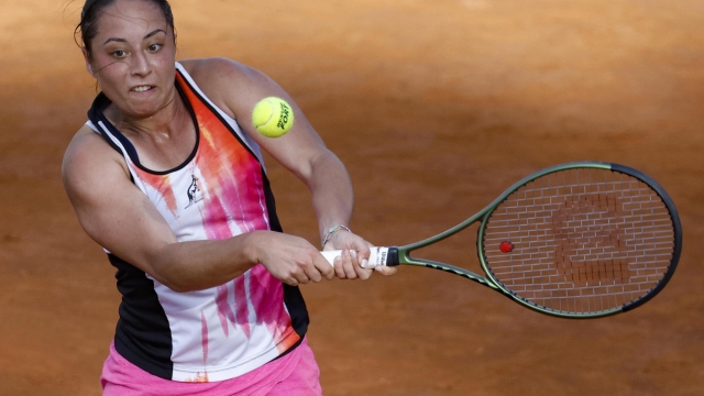 Elisabetta Cocciaretto of the Italy in action during her woman's singles second round match against Anastasia Potapova of Russia (not pictured) at the Italian Open tennis tournament in Rome, Italy, 11 May 2023. ANSA/FABIO FRUSTACI
