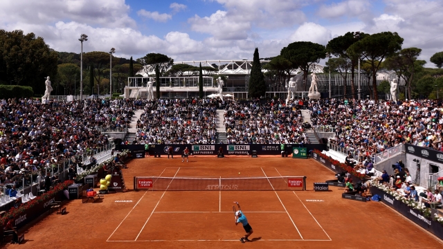 ROME, ITALY - MAY 11: A general view of the Nicola Pietrangeli Stadium as Mackenzie McDonald of the United States serves against Marco Cecchinato of Italy during the Men's Singles First Round match on Day Four at Foro Italico on May 11, 2023 in Rome, Italy. (Photo by Alex Pantling/Getty Images)