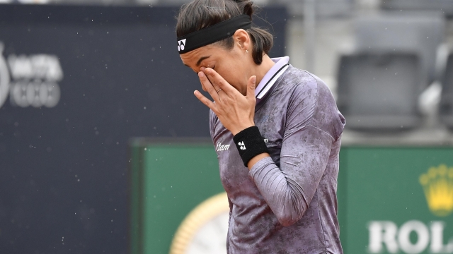 Caroline Garcia of France reacts during her match against Camila Osorio of Colombia at the Italian Open tennis tournament, in Rome, Italy, Saturday, May 13, 2023. (AP Photo/Antonietta Baldassarre)