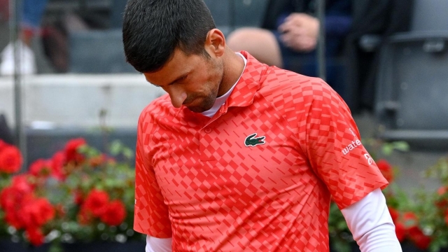 Novak Djokovic of Serbia reacts during his men's quarter final round match against Holger Rune of Denmark (not pictured) at the Italian Open tennis tournament in Rome, Italy, 17 May 2023.  ANSA/ETTORE FERRARI