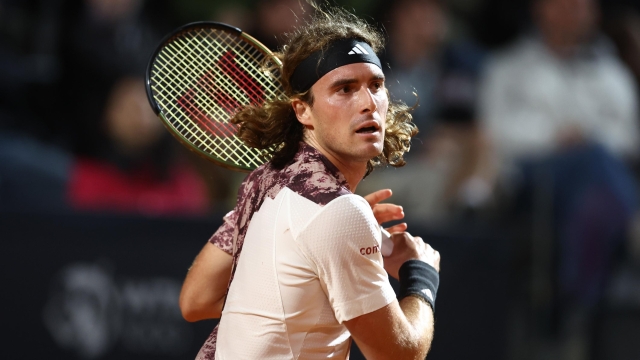 ROME, ITALY - MAY 16: Stefanos Tsitsipas of Greece plays a backand in his men's singles fourth round match against Lorenzo Musetti of Italy during day nine of the Internazionali BNL D'Italia at Foro Italico on May 16, 2023 in Rome, Italy. (Photo by Alex Pantling/Getty Images)