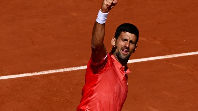 PARIS, FRANCE - MAY 29: Novak Djokovic of Serbia celebrates a point against Aleksandar Kovacevic of United States during their Men's Singles First Round Match on Day Two of the 2023 French Open at Roland Garros on May 29, 2023 in Paris, France. (Photo by Clive Mason/Getty Images)
