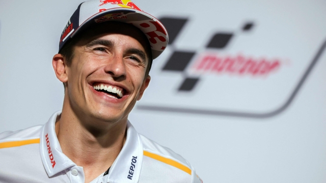 Repsol Honda Team's Spanish rider Marc Marquez smiles during a press conference ahead of the MotoGP German motorcycle Grand Prix at the Sachsenring racing circuit in Hohenstein-Ernstthal near Chemnitz, eastern Germany, on June 15, 2023. (Photo by Ronny Hartmann / AFP)