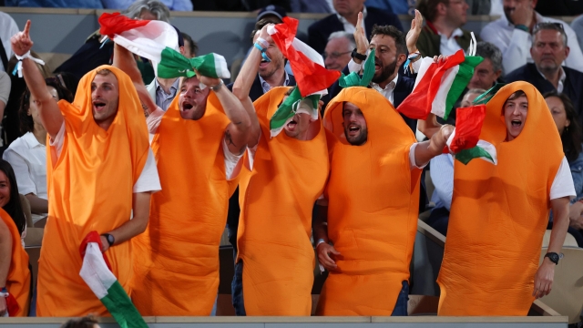 PARIS, FRANCE - MAY 29: Fans show their support for Jannik Sinner during the Men's Singles First Round Match between Jannik Sinner of Italy and Alexandre Muller of France on Day Two of the 2023 French Open at Roland Garros on May 29, 2023 in Paris, France. (Photo by Clive Brunskill/Getty Images)