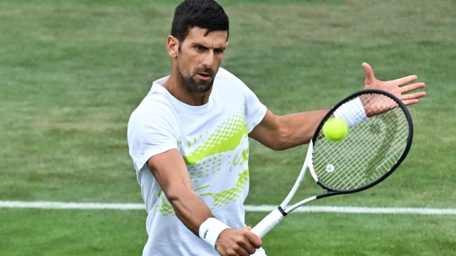 Serbia's Novak Djokovic takes part in a training session prior to the start of the 2023 Wimbledon Championships at The All England Tennis Club in Wimbledon, southwest London, on July 2, 2023. (Photo by Glyn KIRK / AFP) / RESTRICTED TO EDITORIAL USE