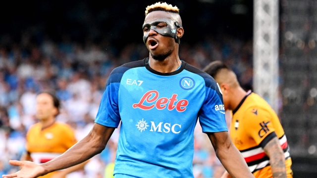 Napoli's Nigerian forward Victor Osimhen reacts after missing a goal opportunity during the Italian Serie A football match between Napoli and Sampdoria on June 4, 2023 at the Diego-Maradona stadium in Naples. (Photo by Alberto PIZZOLI / AFP)