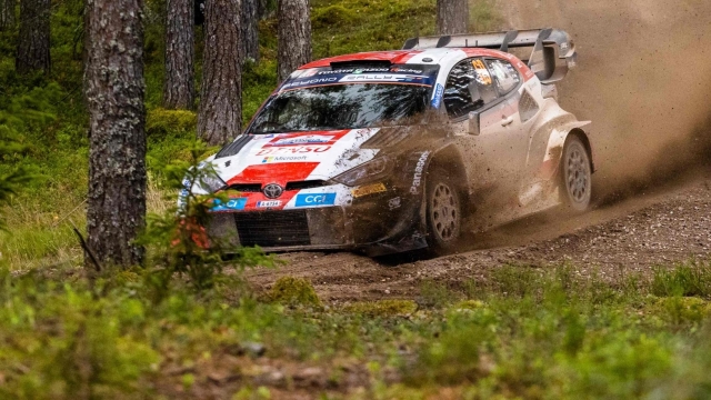 Finnish driver Kalle Rovanpera and co-driver Jonne Halttunen in their Toyota GR Yaris car compete during the Mustvee stage of the Rally Estonia, eighth round of the FIA World Rally Championship on July 21, 2023 near Tartu, Estonia. (Photo by Timo Anis / AFP)