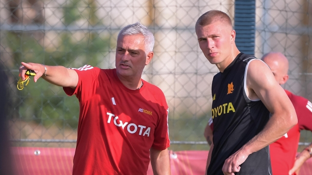ROME, ITALY - JULY 19: AS Roma coach Josè Mourinho and Rasmus Kristensen during a training session at Centro Sportivo Fulvio Bernardini on July 19, 2023 in Rome, Italy. (Photo by Fabio Rossi/AS Roma via Getty Images)