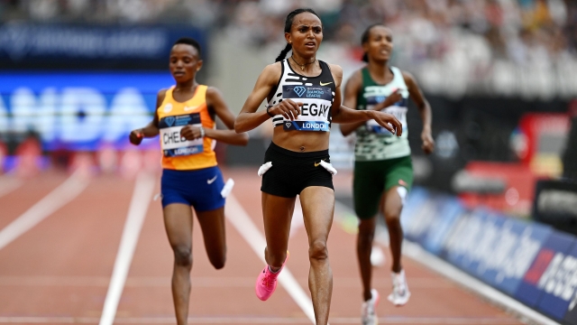 LONDON, ENGLAND - JULY 23: Gudaf Tsegay of Ethiopia crossesthe finish line to win the Women's 5000 Metres final during the London Athletics Meet, part of the 2023 Diamond League series at London Stadium on July 23, 2023 in London, England. (Photo by Mike Hewitt/Getty Images)