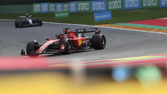 Ferrari driver Charles Leclerc of Monaco steers his car during the Formula One Grand Prix at the Spa-Francorchamps racetrack in Spa, Belgium, Sunday, July 30, 2023. (AP Photo/Geert Vanden Wijngaert)