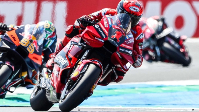 epa10710730 Francesco Bagnaia of Italy, Ducati, in action during the MotoGP race of the Motorcycling Grand Prix at TT Assen circuit, the Netherlands, 25 June 2023.  EPA/Vincent Jannink