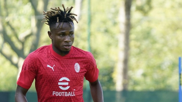 MILAN, ITALY - JULY 28: Samuel Chukwueze of AC Milan in action during an AC Milan training session at Centro Sportivo Milanello on July 28, 2023 in Milan, Italy. (Photo by Pier Marco Tacca/AC Milan via Getty Images)