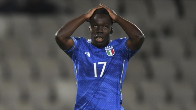Italy's Wilfried Gnonto reacts after missing an opportunity to score during the Euro 2023 U21 Championship soccer match between Italy and Norway at the Cluj Arena stadium in Cluj, Romania, Wednesday, June 28, 2023.(AP Photo/Raed Krishan)