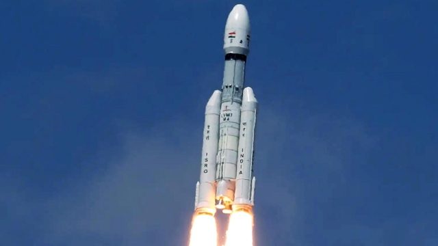 epa10746187 A handout photo made available by the Indian Space Research Organisation (ISRO) of its Chandrayaan-3 (Moon Vehicle-3) lifting off from the Launch Vehicle Mark-III Mission 4 (LVM3 M4), at the Satish Dhawan Space Centre in Sriharikota, state of Andhra Pradesh, India, 14 July 2023. India's national space agency ISRO launched its third lunar exploration mission Chandrayaan-3 (Moon Vehicle-3), on board the Launch Vehicle Mark-III Mission 4 (LVM3 M4) at the spaceport in Sriharikota. Chandrayaan-3 is the country's first major mission since Prime Minister Narendra Modi's government introduced policies for investment in the space sector to facilitate private satellite launches. ISRO attempts to land a rover on the moon.  EPA/ISRO HANDOUT  HANDOUT EDITORIAL USE ONLY/NO SALES