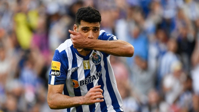 FC Porto's Iranian forward Mehdi Taremi celebrates after scoring his team's first goal during the Portuguese league football match between FC Porto and Boavista FC at the Dragao stadium in Porto on April 30, 2023. (Photo by MIGUEL RIOPA / AFP)