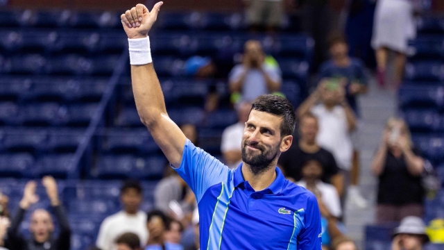 Serbia's Novak Djokovic celebrates his victory over France's Alexandre Muller during the US Open tennis tournament men's singles first round match at the USTA Billie Jean King National Tennis Center in New York City, on August 28, 2023. (Photo by COREY SIPKIN / AFP)