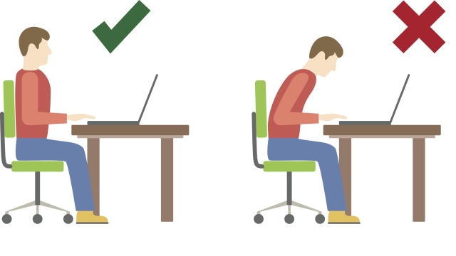 Correct and incorrect sitting posture at computer, flat design, vector illustration