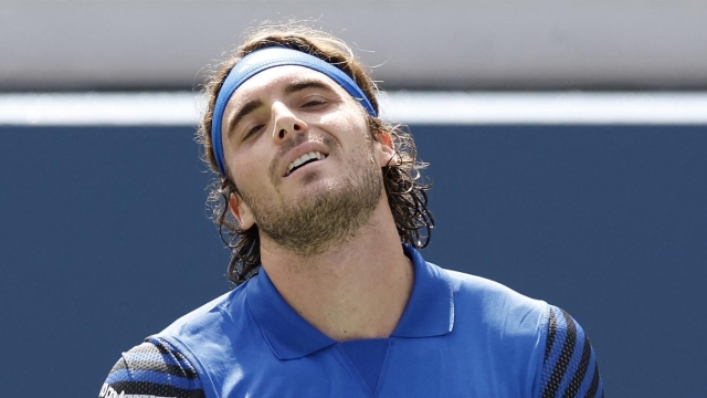 NEW YORK, NEW YORK - AUGUST 30: Stefanos Tsitsipas of Greece reacts after a point against Dominic Stephan Stricker of Switzerland during their Men's Singles Second Round match on Day Two of the 2023 US Open at the USTA Billie Jean King National Tennis Center on August 30, 2023 in the Flushing neighborhood of the Queens borough of New York City.   Sarah Stier/Getty Images/AFP (Photo by Sarah Stier / GETTY IMAGES NORTH AMERICA / Getty Images via AFP)