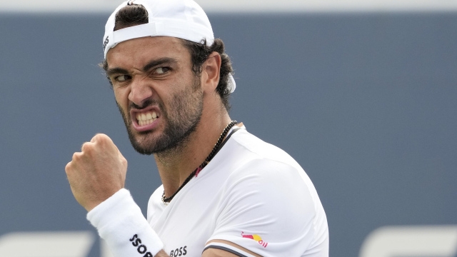 Matteo Berrettini, of Italy, reacts during a match against Ugo Humbert, of France, during the first round of the U.S. Open tennis championships, Tuesday, Aug. 29, 2023, in New York. (AP Photo/Mary Altaffer)