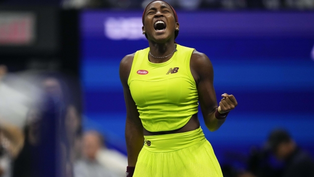 Coco Gauff, of the United States, reacts during a match against Elise Mertens, of Belgium, during the third round of the U.S. Open tennis championships, Friday, Sept. 1, 2023, in New York. (AP Photo/Frank Franklin II)
