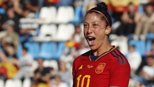 (FILES) Spain's forward Jenni Hermoso celebfates scoring a goal during the women's international friendly football match between Spain and Norway at the Can Misses stadium in Ibiza on April 6, 2023. Spanish football legend Andres Iniesta on August 27, 2023 joined the growing number of voices denouncing the country's federation president, Luis Rubiales, saying his forced kiss with Jenni Hermoso after the women's World Cup final was "damaging the image" of Spanish football. (Photo by JAIME REINA / JIJI PRESS / AFP)