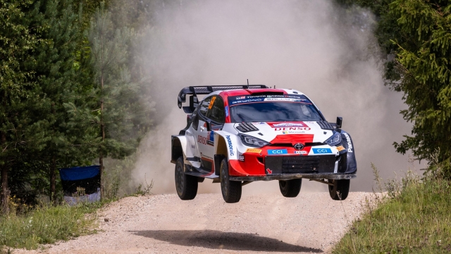 Kalle Rovanpera of Finland and his co-driver Jonne Halttunen compete in their Toyota Yaris Rally1 HYBRID during the Otepaa stage of the Rally Estonia, eighth round of the FIA World Rally Championship on July 22nd, 2023 near Tartu, Estonia. (Photo by Timo Anis / AFP) / ALTERNATE CROP