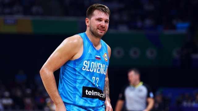 MANILA, PHILIPPINES - SEPTEMBER 07: Luka Doncic #77 of Slovenia reacts to a call in the first quarter during the FIBA Basketball World Cup Classification 5-8 game against Lithuania at Mall of Asia Arena on September 07, 2023 in Manila, Philippines. (Photo by Yong Teck Lim/Getty Images)