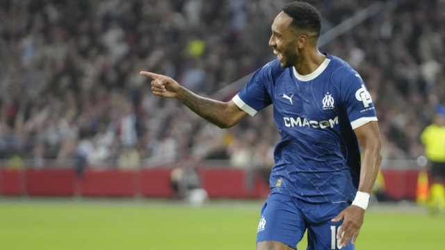 Marseille's Pierre-Emerick Aubameyang? celebrates after scoring his side's third goal during the Europa League group B soccer match between Ajax and Marseille at the Johan Cruyff ArenA stadium in Amsterdam, Netherlands, Thursday, Sept. 21, 2023. (AP Photo/Peter Dejong)