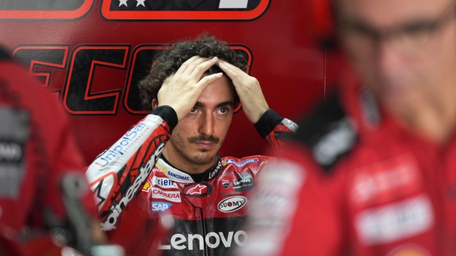 Ducati Lenovo Team Italian rider Francesco Bagnaia gets ready to compete in qualifying round during Moto GP Bharat in Greater Noida, on the outskirts of New Delhi, India Saturday, Sept. 23, 2023. (AP Photo/Manish Swarup)