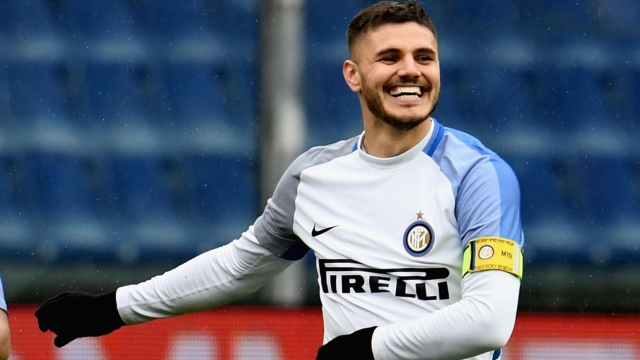 GENOA, ITALY - MARCH 18:  Mauro Icardi of FC Internazionale celebrates after scoring the third during the serie A match between UC Sampdoria and FC Internazionale at Stadio Luigi Ferraris on March 18, 2018 in Genoa, Italy.  (Photo by Claudio Villa - Inter/Inter via Getty Images)
