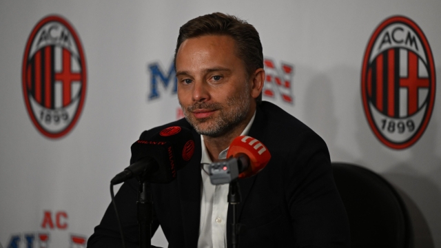 LOS ANGELES, CALIFORNIA - JULY 22: CEO AC Milan Giorgio Furlani speaks with the media during press conference at BMO Stadium on July 22, 2023 in Los Angeles, California. (Photo by Claudio Villa/AC Milan via Getty Images)