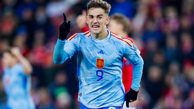 Spain's midfielder #09 Gavi celebrates scoring the opening goal during the UEFA Euro 2024 group A qualification football match between Norway and Spain at the Ullevaal Stadium in Oslo, Norway, on October 15, 2023. (Photo by Frederik Ringnes / NTB / AFP)