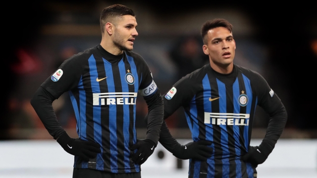 MILAN, ITALY - JANUARY 19:  Mauro Emanuel Icardi and Lautaro Martinez of FC Internazionale look on during the Serie A match between FC Internazionale and US Sassuolo at Stadio Giuseppe Meazza on January 19, 2019 in Milan, Italy.  (Photo by Emilio Andreoli/Getty Images)