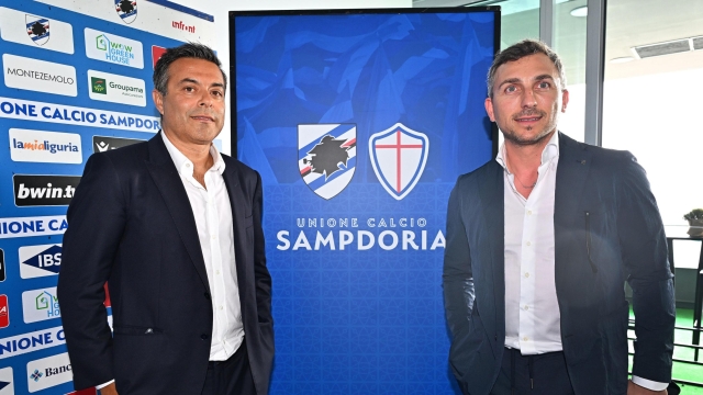 (S-D) Andrea Radrizzani, Matteo Manfredi i due soci di maggioranza della Uc Sampdoria, durante la presentazione alla stampa. Genova,28 giugno 2023. ANSA/LUCA ZENNARO