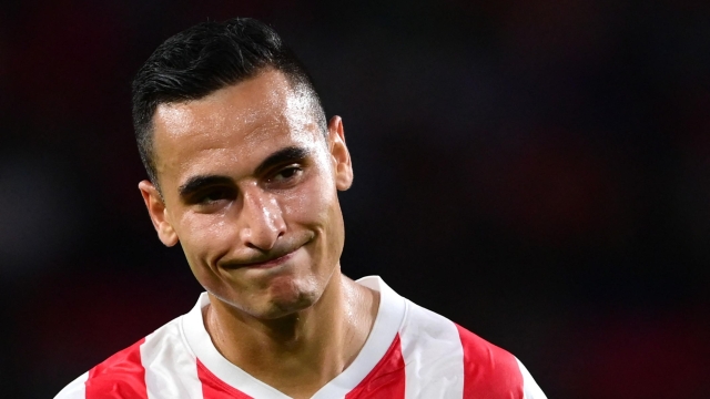 (FILES)  Then PSV's Dutch-Moroccan forward Anwar El Ghazi reacts after scoring the 1-1 goal during the UEFA Europa League Group A first leg football match between PSV Eindhoven and FK Bodo/Glimt at Phillips Stadium in Eindhoven. German football club Mainz said on October 30, 2023 that it had reprimanded Anwar El Ghazi for comments made on the Israel-Hamas war but opened the way for the winger's return to first-team football. El Ghazi was suspended on October 17 for taking a "position on the conflict in the Middle East in a manner that wasn't tolerable for the club", Mainz said in a statement. (Photo by Olaf Kraak / ANP / AFP) / Netherlands OUT