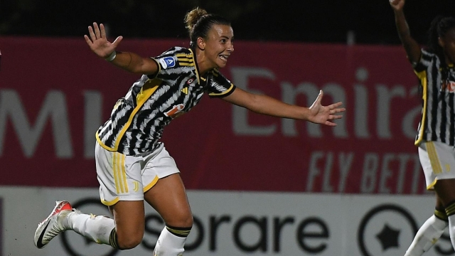 MILAN, ITALY - OCTOBER 07: Arianna Caruso of Juventus  celebrates after scoring the opening goal during the Women Serie A match between AC Milan and Juventus at Vismara PUMA House of Football on October 07, 2023 in Milan, Italy. (Photo by Juventus FC/Juventus FC via Getty Images)