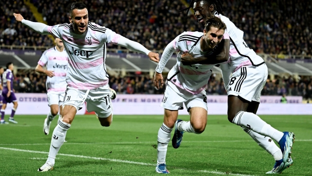 FLORENCE, ITALY - NOVEMBER 5: Fabio Miretti of Juventus celebrates 0-1 goal with Moise Kean and Filip Kostic during the Serie A TIM match between ACF Fiorentina and Juventus at Stadio Artemio Franchi on November 5, 2023 in Florence, Italy. (Photo by Daniele Badolato - Juventus FC/Juventus FC via Getty Images)