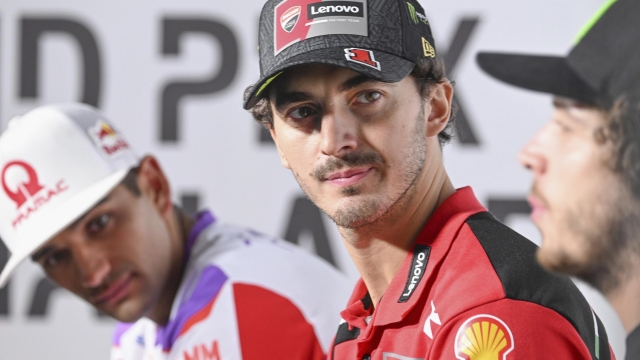 BURIRAM, THAILAND - OCTOBER 26: Francesco Bagnaia of Italy and Ducati Lenovo Team looks on during the press conference pre-event during the MotoGP of Thailand - Previews at Chang International Circuit on October 26, 2023 in Buriram, Thailand. (Photo by Mirco Lazzari gp/Getty Images)