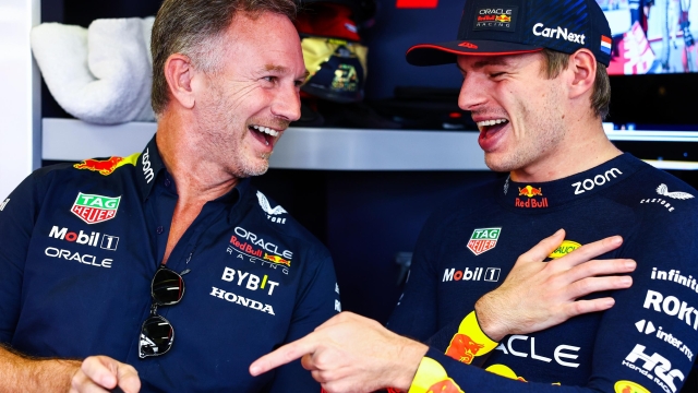 MEXICO CITY, MEXICO - OCTOBER 27: Red Bull Racing Team Principal Christian Horner and Max Verstappen of the Netherlands and Oracle Red Bull Racing talk in the garage  prior to practice ahead of the F1 Grand Prix of Mexico at Autodromo Hermanos Rodriguez on October 27, 2023 in Mexico City, Mexico. (Photo by Mark Thompson/Getty Images)