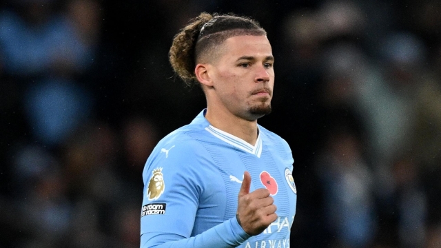 Manchester City's English midfielder #04 Kalvin Phillips reacts during the English Premier League football match between Manchester City and Bournemouth at the Etihad Stadium in Manchester, north west England, on November 4, 2023. (Photo by Paul ELLIS / AFP) / RESTRICTED TO EDITORIAL USE. No use with unauthorized audio, video, data, fixture lists, club/league logos or 'live' services. Online in-match use limited to 120 images. An additional 40 images may be used in extra time. No video emulation. Social media in-match use limited to 120 images. An additional 40 images may be used in extra time. No use in betting publications, games or single club/league/player publications. /