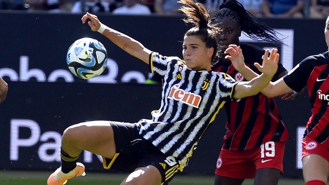 FRANKFURT AM MAIN, GERMANY - SEPTEMBER 09: Sofia Cantore of Juventus scores a goal during the UEFA Women's Champions League Round 1 match between Juventus and Eintracht Frankfurt at Deutsche Bank Park on September 09, 2023 in Frankfurt am Main, Germany. (Photo by Filippo Alfero - Juventus FC/Juventus FC via Getty Images)