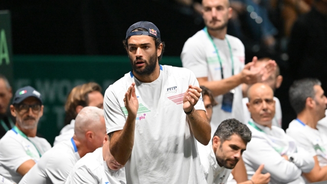 BOLOGNA, ITALY - SEPTEMBER 17: Matteo Berrettini of Italy cheers during match between Matteo Arnaldi of Italy and Leo Borg of Sweden during 2023 Davis Cup Finals Group Stage Bologna - Day 6  at Unipol Arena on September 17, 2023 in Bologna, Italy. (Photo by Giuseppe Bellini/Getty Images for ITF)