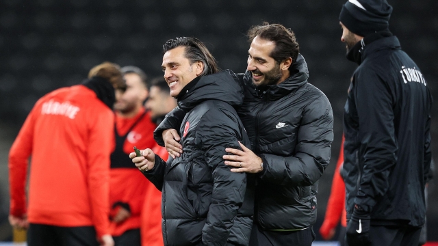 Turkey's Italian head coach Vincenzo Montella (L) and Halil Altintop attend a training session on the eve of the Friendly football match between Germany and Turkey, at the Olympic Stadium in Berlin, Germany, on November 17, 2023. (Photo by Ronny Hartmann / AFP)