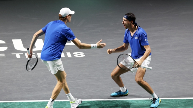MALAGA, SPAIN - NOVEMBER 23: Jannik Sinner and Lorenzo Sonego of Italy celebrate a point during the Quarter-Final doubles match against Tallon Griekspoor and Wesley Koolhof of the Netherlands in the Davis Cup Final at Palacio de Deportes Jose Maria Martin Carpena on November 23, 2023 in Malaga, Spain. (Photo by Clive Brunskill/Getty Images for ITF)