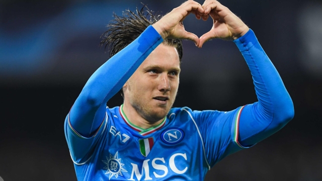 NAPLES, ITALY - OCTOBER 03:  Piotr Zielinski of Napoli celebrates after scoring the first goal of Napoli during the UEFA Champions League match between XX and XX at Stadio Diego Armando Maradona on October 03, 2023 in Naples, Italy. (Photo by SSC NAPOLI/SSC NAPOLI via Getty Images)