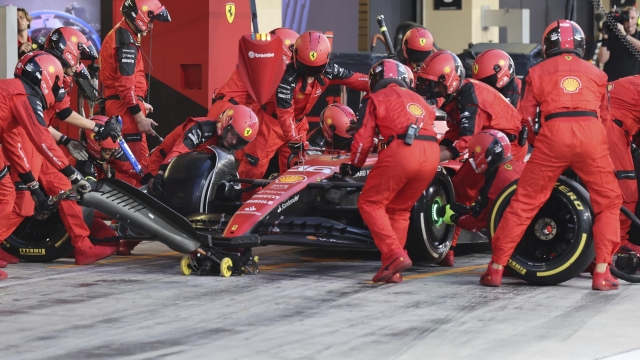 Ferrari driver Charles Leclerc of Monaco gets a pit service during the Abu Dhabi Formula One Grand Prix race at the Yas Marina Circuit, Abu Dhabi, UAE, Sunday, Nov. 26, 2023. (Ali Haider/Pool via AP)