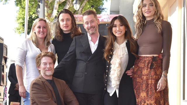 Quinn Culkin, from left, Seth Green, Rory Culkin, Macaulay Culkin, Brenda Song, and Paris Jackson attend a ceremony honoring Macaulay Culkin with a star on the Hollywood Walk of Fame on Friday, Dec. 1, 2023, in Los Angeles. (Photo by Jordan Strauss/Invision/AP)