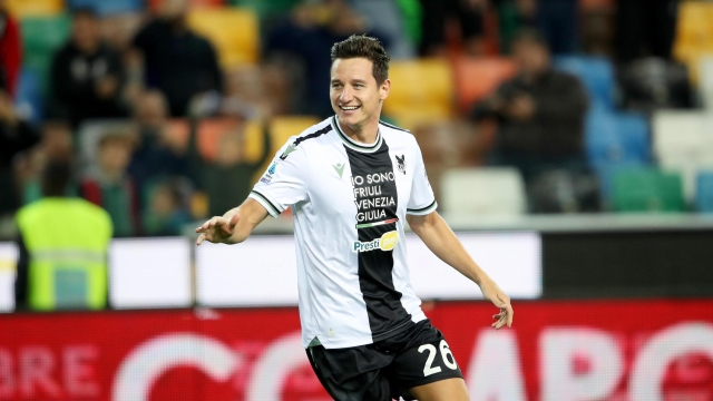 Udinese's Florian Thauvin jubilates after scoring the goal during the Italian Serie A soccer match Udinese Calcio vs US Lecce at the Friuli - Dacia Arena stadium in Udine, Italy, 23 October 2023. ANSA / GABRIELE MENIS