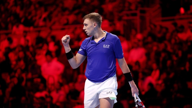 JEDDAH, SAUDI ARABIA - DECEMBER 02: Hamad Medjedovic of Serbia reacts to Arthur Fils of France in the final during day five of the Next Gen ATP Finals at King Abdullah Sports City on December 02, 2023 in Jeddah, Saudi Arabia. (Photo by Adam Pretty/Getty Images)