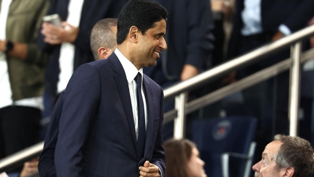 Paris Saint Germain's Qatari president Nasser al-Khelaifi looks on in the stands ahead of the French L1 football match between Paris Saint-Germain (PSG) and OGC Nice at The Parc des Princes Stadium in Paris on September 15, 2023. (Photo by FRANCK FIFE / AFP)